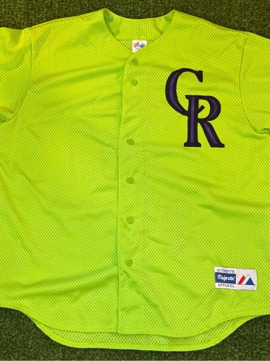 Majestic Other - Majestic Neon Green Colorado Rockies Mesh Button-Up Jersey with Purple CR Patch